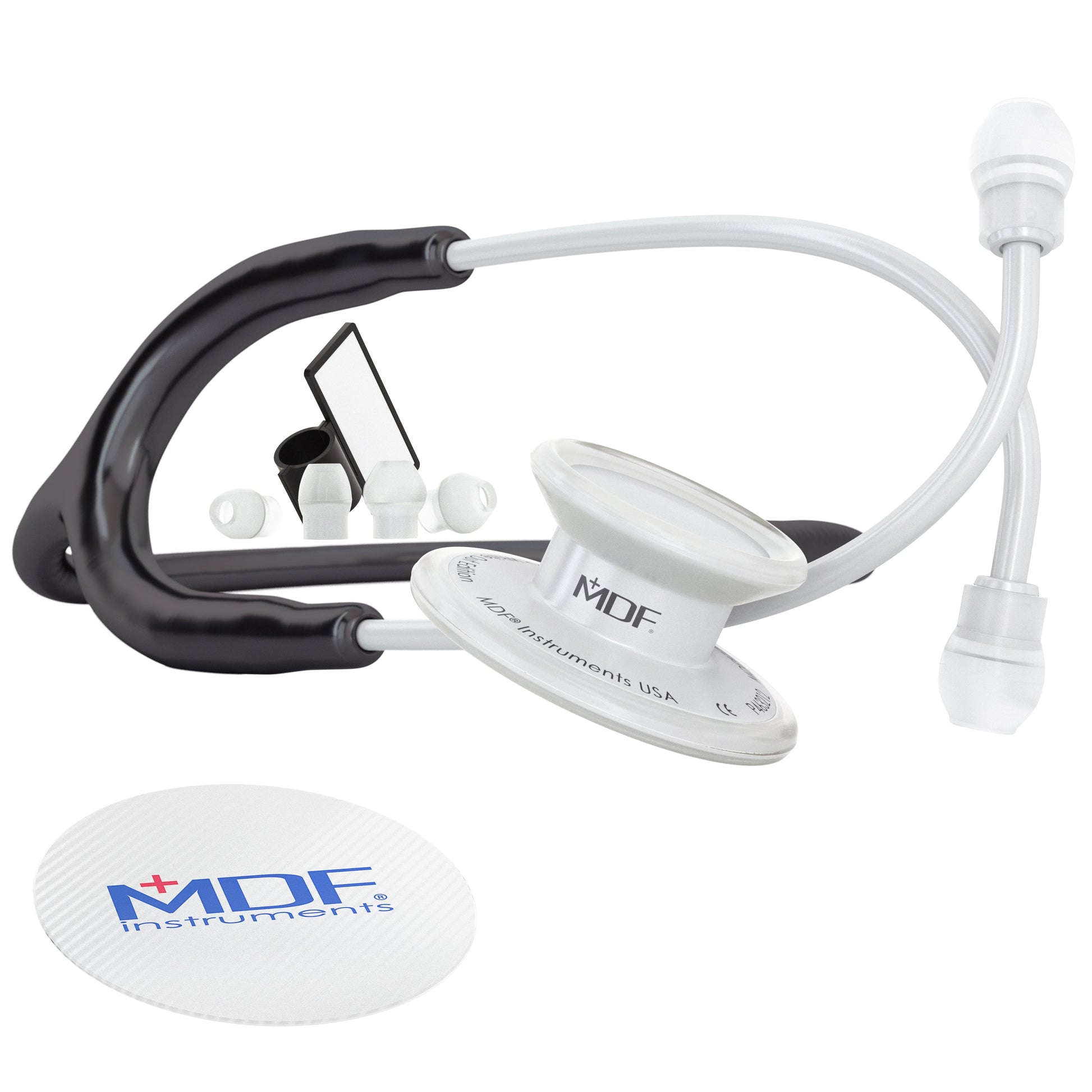 MD One® adult stethoscope in black and white from MDF Instruments, featuring dual-head chest piece and flexible tubing.