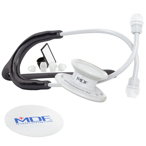 MD One® adult stethoscope in black and white from MDF Instruments, featuring dual-head chest piece and flexible tubing.