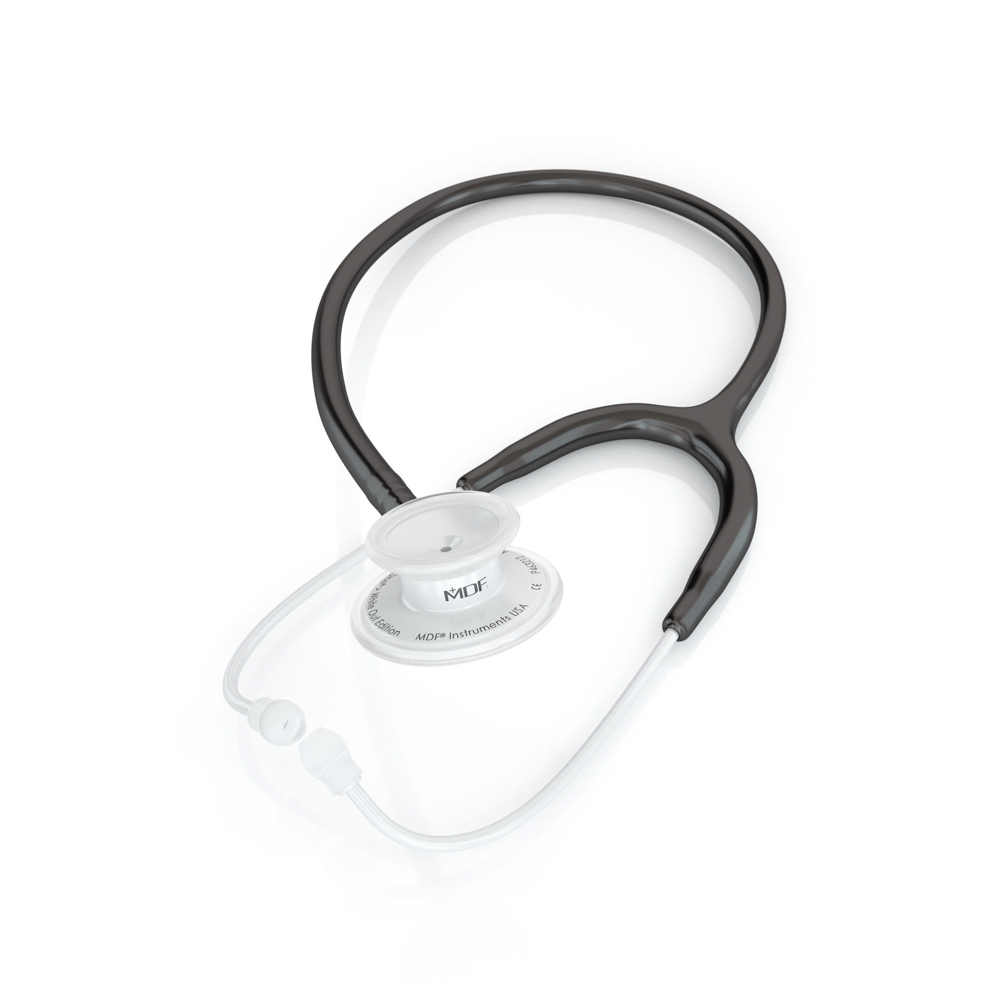 MD One® adult stethoscope in black and white from MDF Instruments, featuring earpieces and chest piece for medical auscultation.