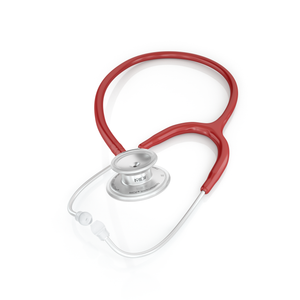 MDF Instruments MD One® adult stethoscope in burgundy with flexible tubing and dual head chest piece, resting on a white surface.
