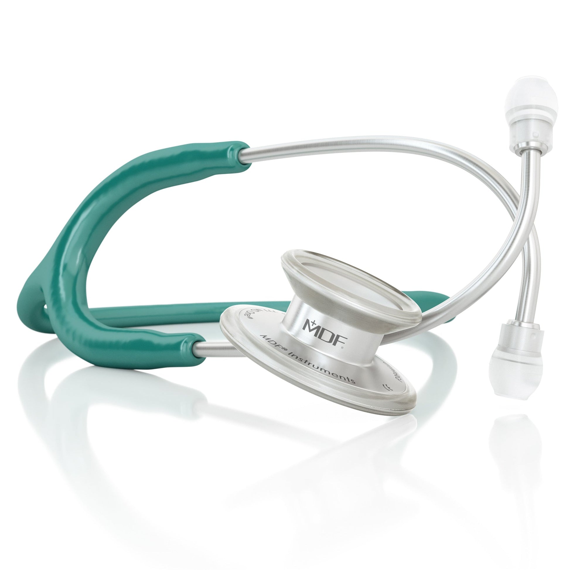 Green MD One® adult stethoscope by MDF Instruments with silver accents, featuring flexible tubing and dual-head chest piece.