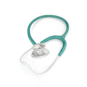 Green MD One® adult stethoscope by MDF Instruments with silver accents, featuring flexible tubing and adjustable ear tips.