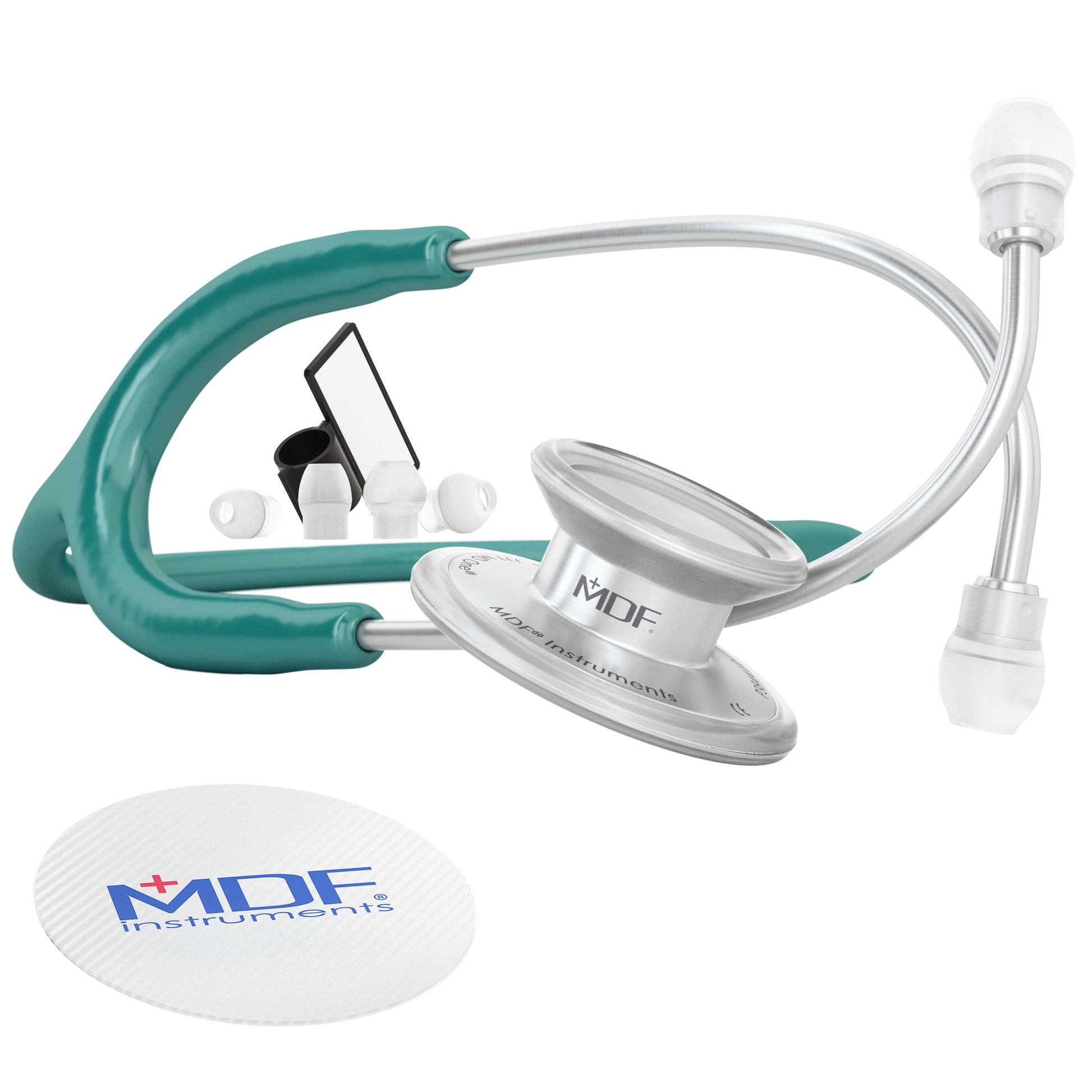Green MD One® adult stethoscope by MDF Instruments with flexible tubing and dual-head chest piece for medical auscultation.