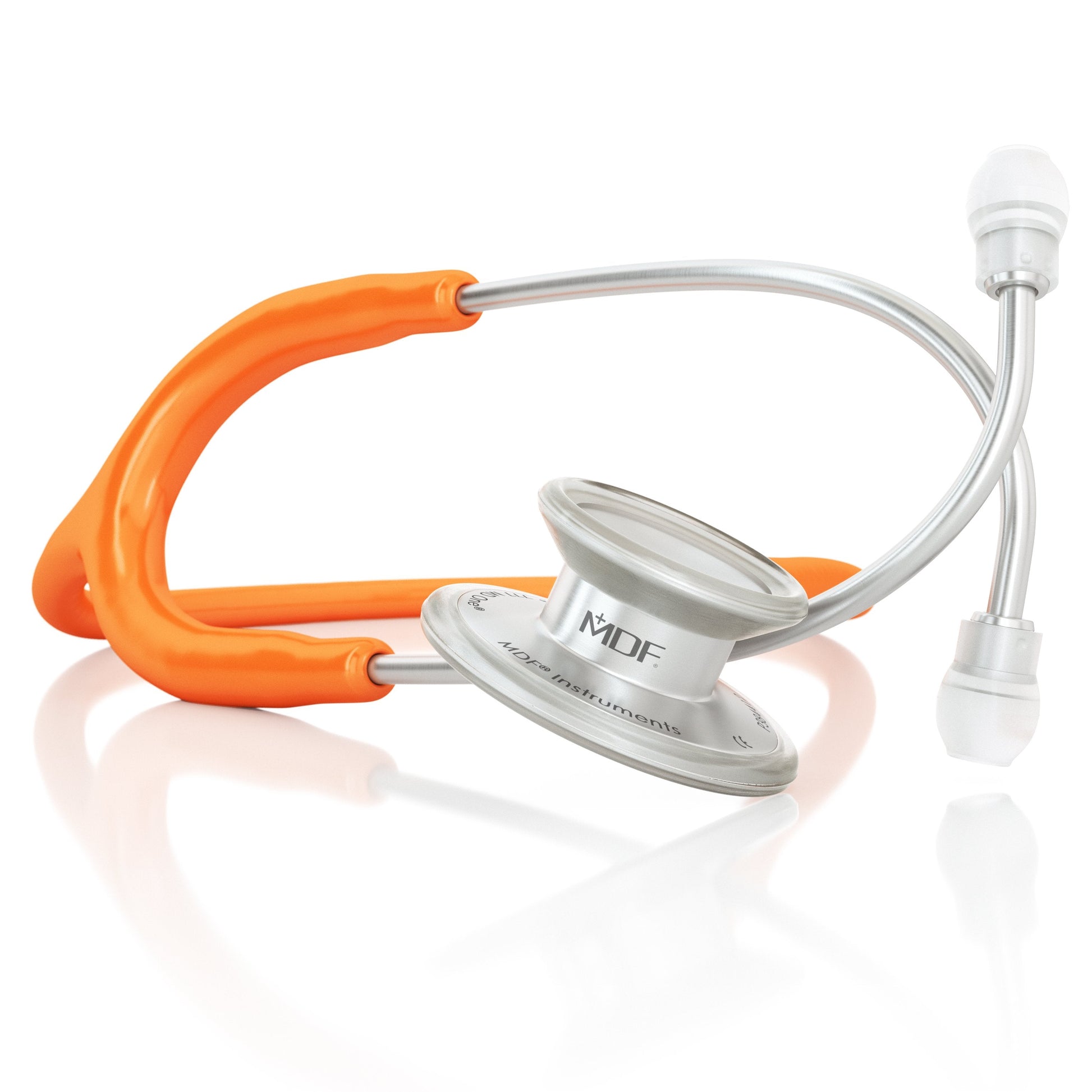 Orange MD One® adult stethoscope by MDF Instruments with flexible tubing and dual-head chest piece, used for medical examinations.