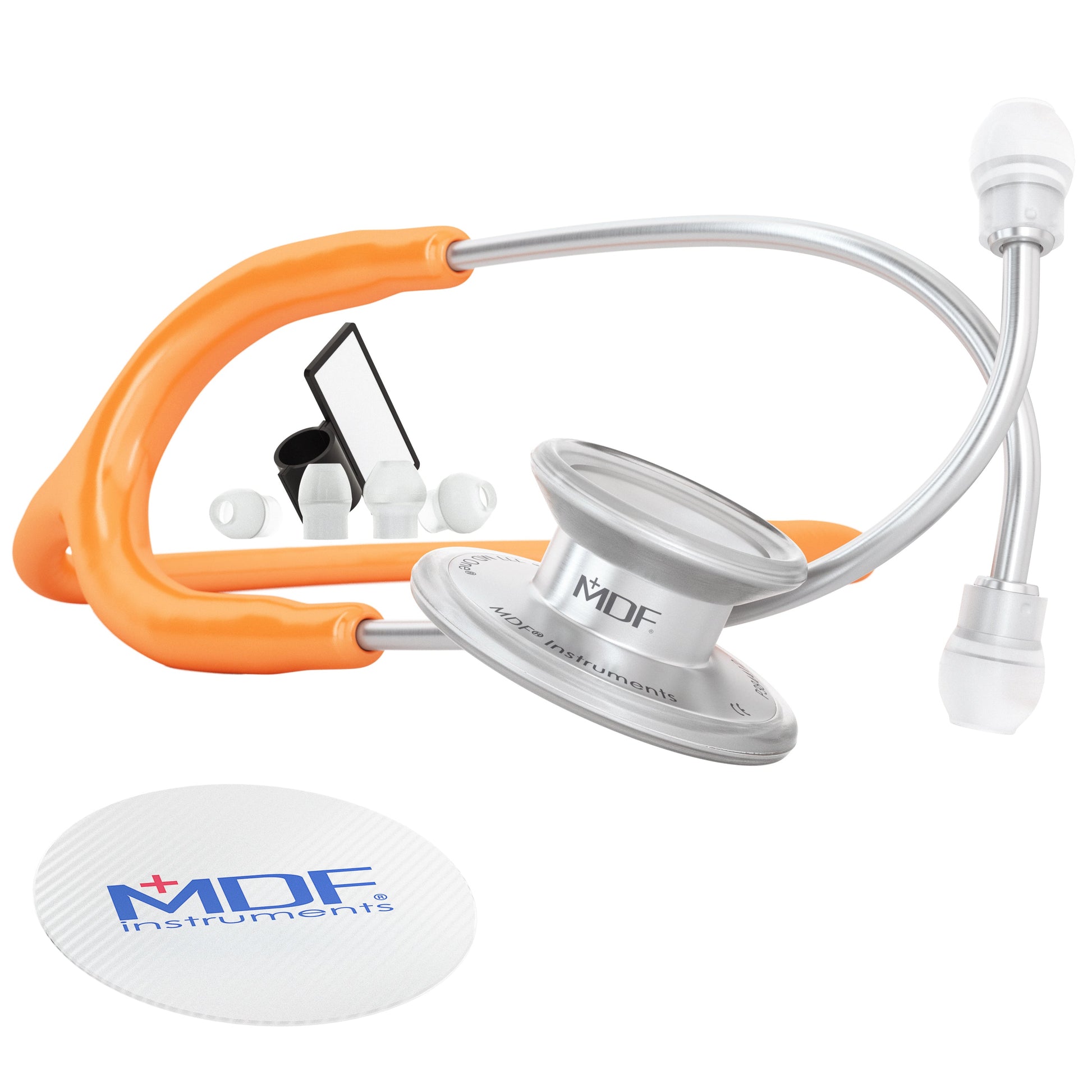 Orange MD One® adult stethoscope by MDF Instruments with flexible tubing and chest piece, designed for medical professionals.