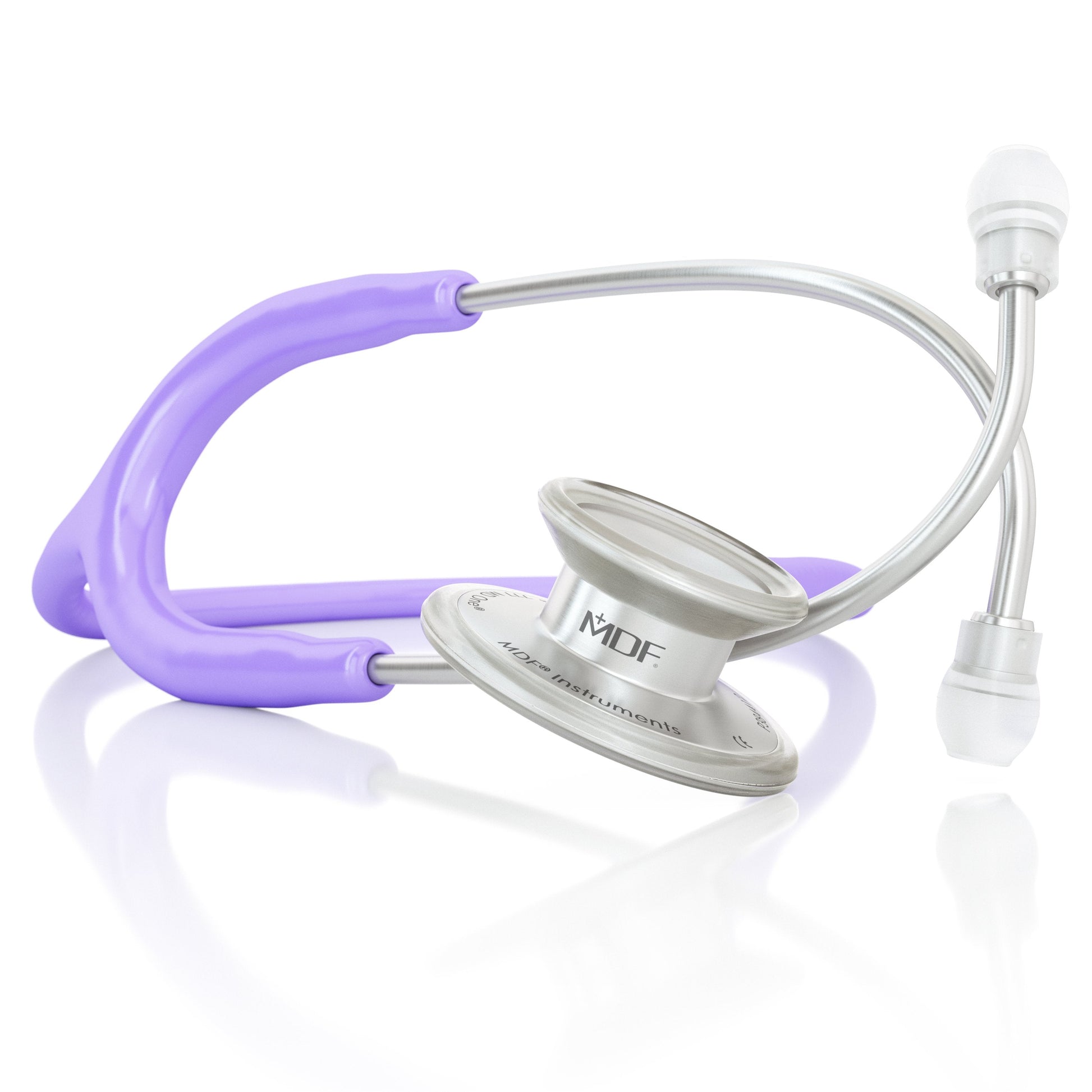 MD One® adult stethoscope in pastel purple with flexible tubing and dual-head chest piece, designed for medical professionals.