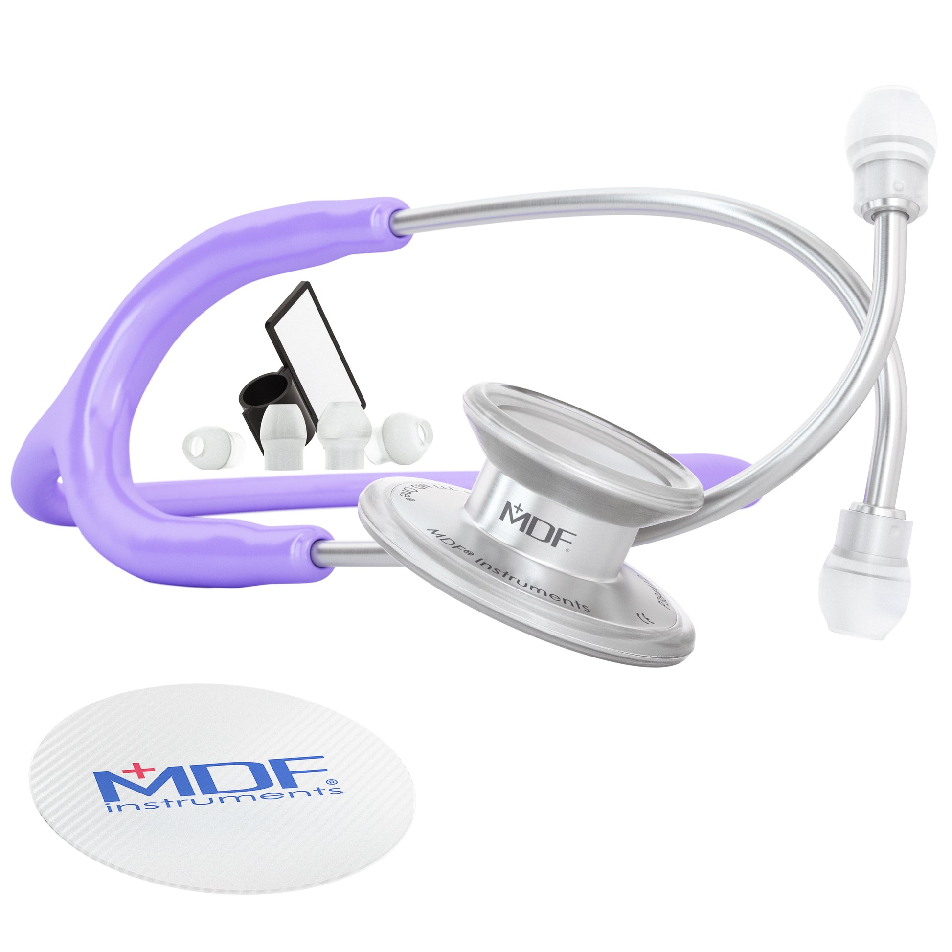 Pink pastel purple MD One® adult stethoscope by MDF Instruments with flexible tubing and dual head chest piece.