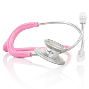 Pink MD One® adult stethoscope by MDF Instruments with flexible tubing and dual-head chest piece for medical auscultation.