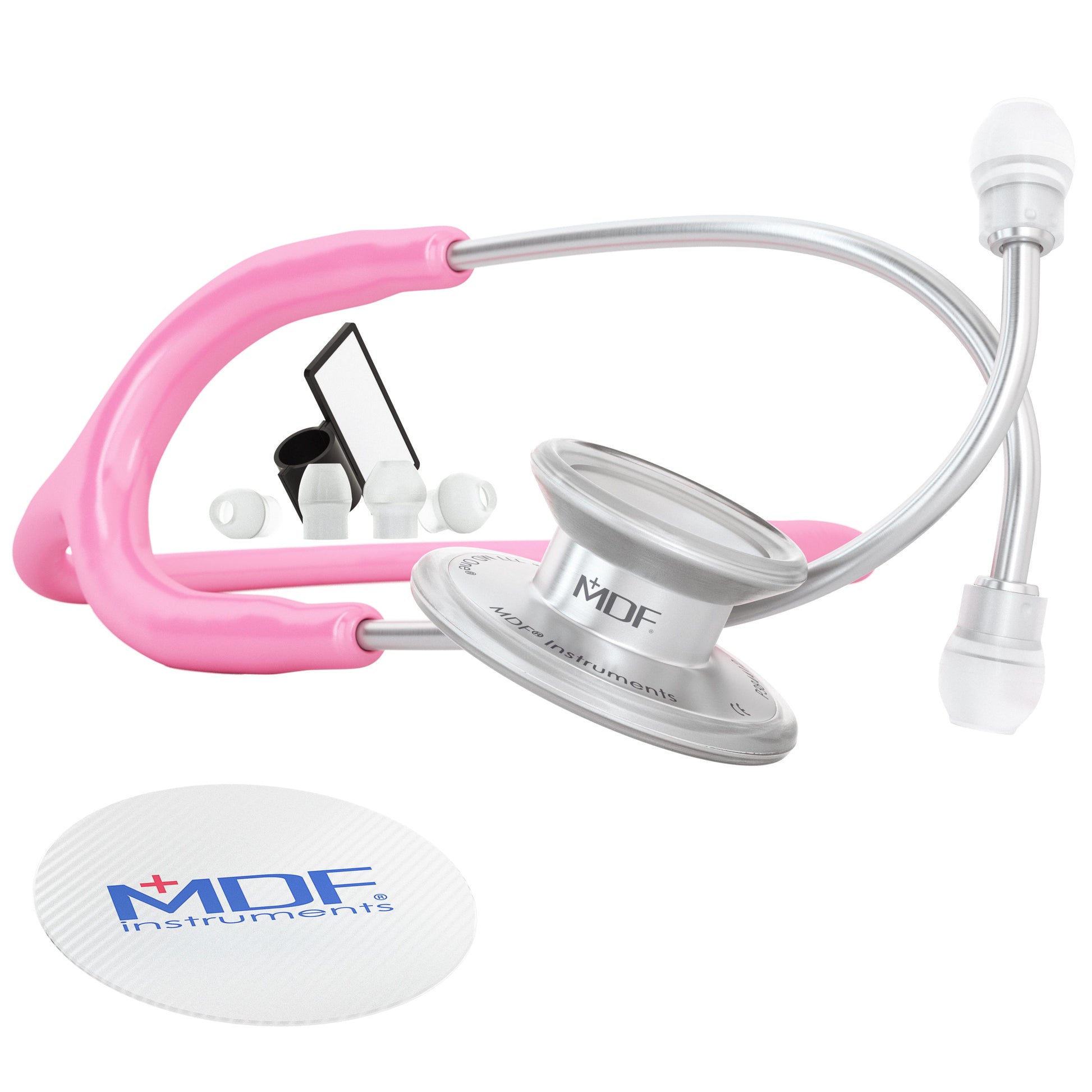 Pink MD One® adult stethoscope by MDF Instruments, featuring flexible tubing and dual head chest piece for medical auscultation.