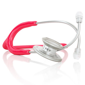 MD One® adult stethoscope in raspberry color, MDF Instruments brand, showing the dual-head chest piece and flexible tubing.