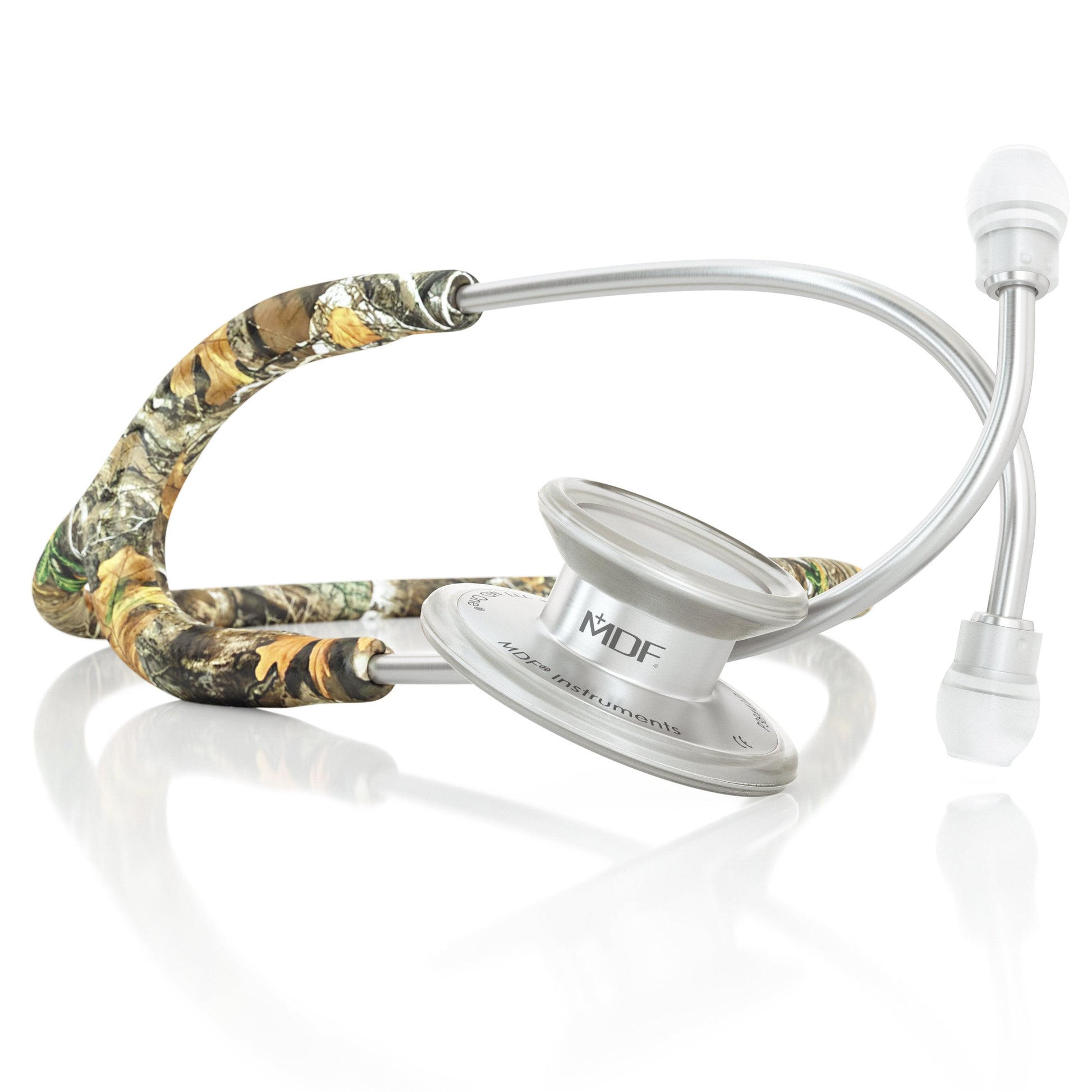 MD One® adult stethoscope by MDF Instruments with Realtree Edge camouflage tubing and chest piece, designed for medical professionals.