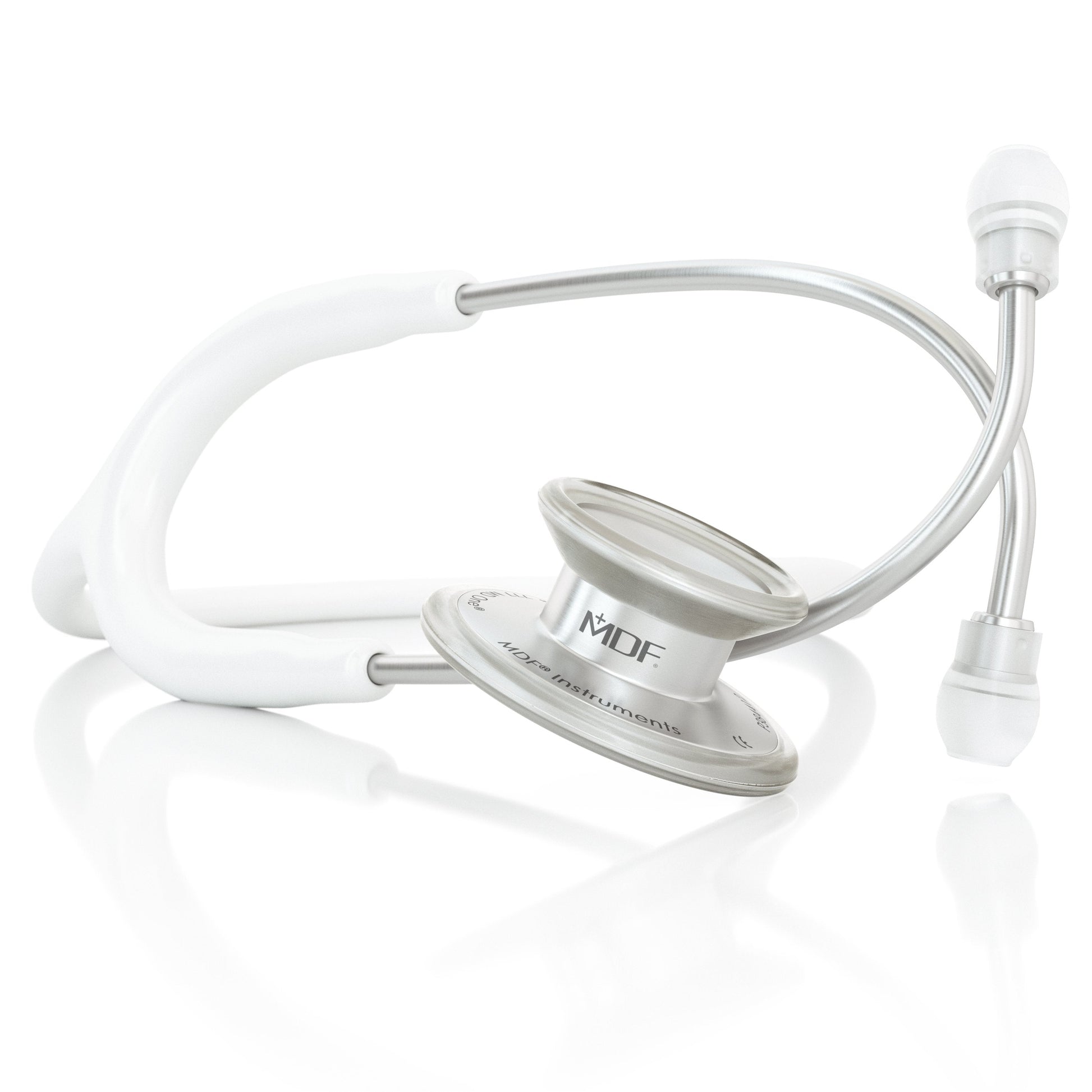 White MD One® Adult Stethoscope by MDF Instruments with flexible tubing and chest piece, used for medical auscultation.