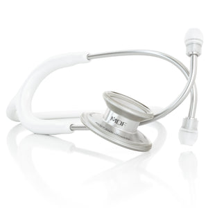 White MD One® Adult Stethoscope by MDF Instruments with flexible tubing and chest piece, used for medical auscultation.