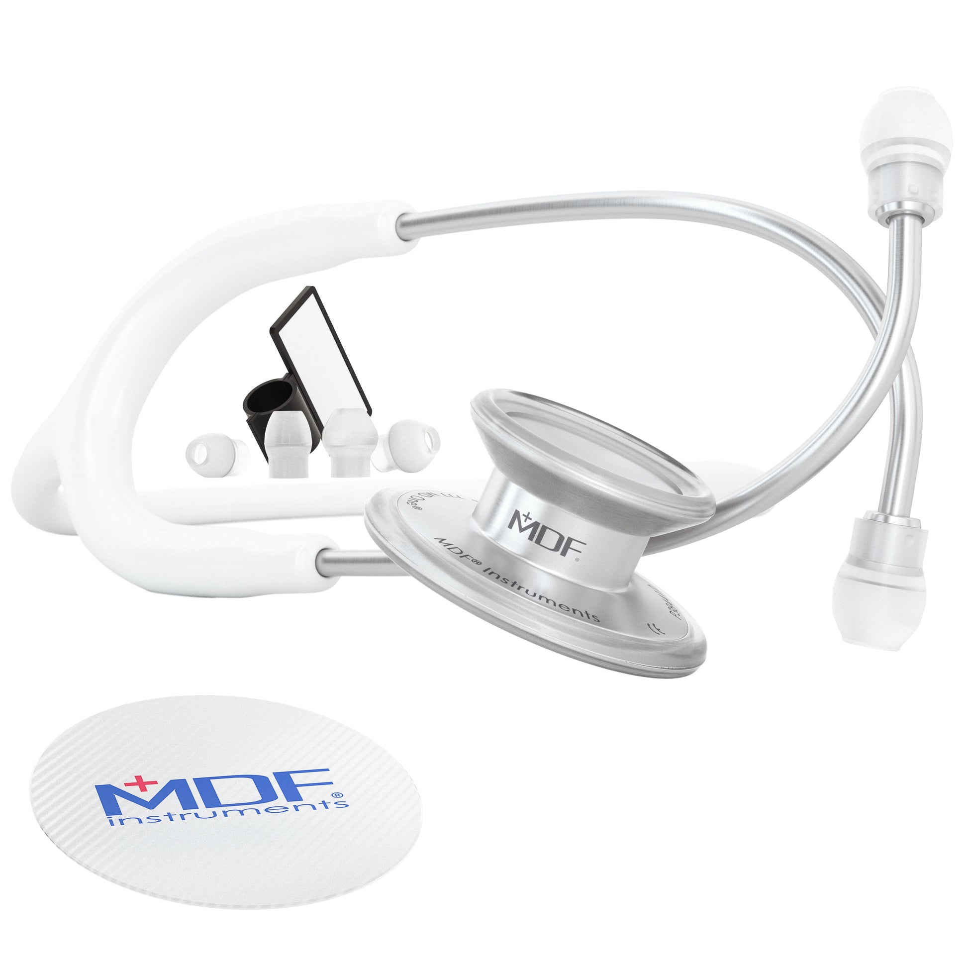 White MD One® adult stethoscope by MDF Instruments with flexible tubing and chest piece for medical auscultation.
