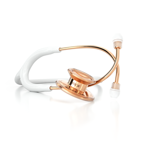 White and rose gold MDF Instruments MD One® adult stethoscope with dual head, flexible tubing, and ear tips for medical auscultation.