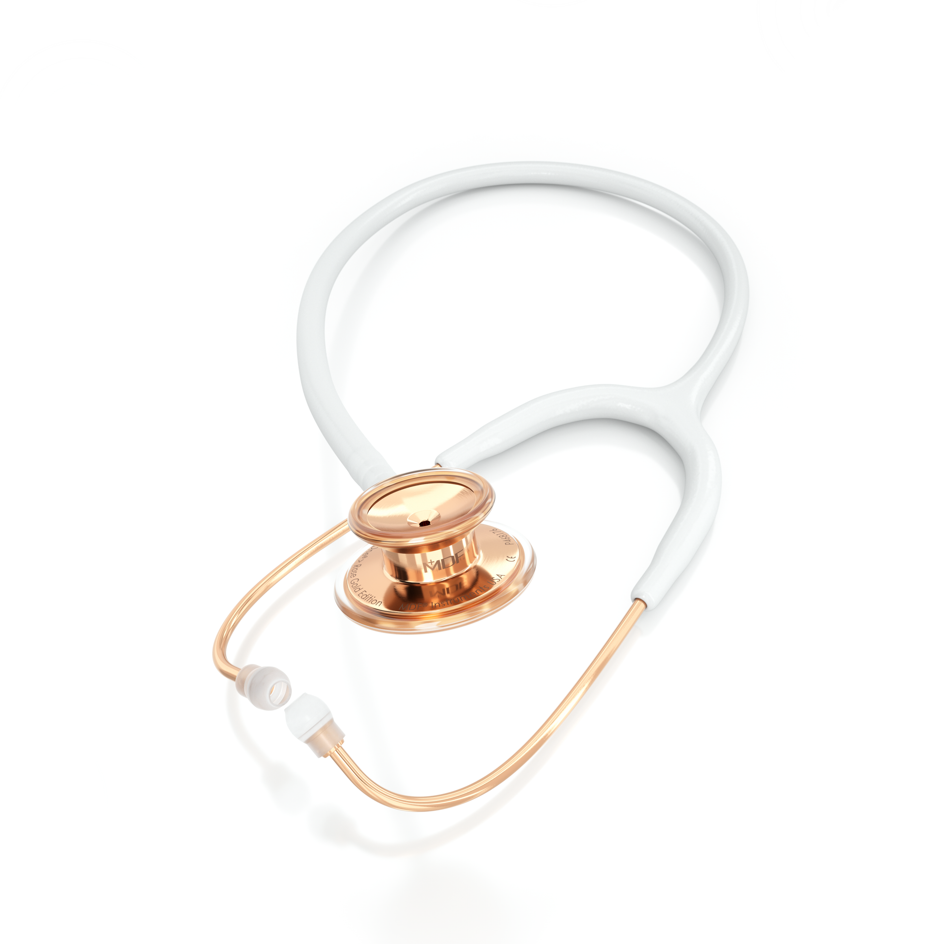 White and rose gold MD One® adult stethoscope by MDF Instruments, featuring dual-head chest piece and adjustable tubing.