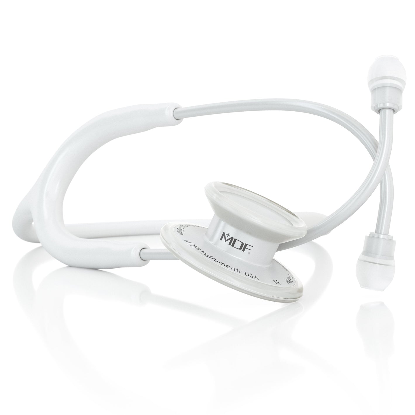 White MD One® adult stethoscope by MDF Instruments with white tubing and chest piece, designed for medical professionals.