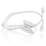 White MD One® adult stethoscope by MDF Instruments with white tubing and chest piece, designed for medical professionals.