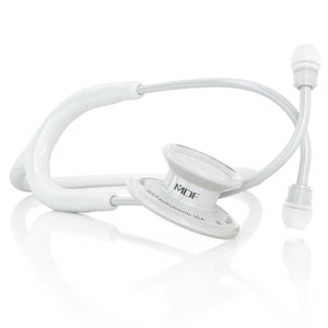 White MD One® adult stethoscope by MDF Instruments with white tubing and chest piece, designed for medical professionals.