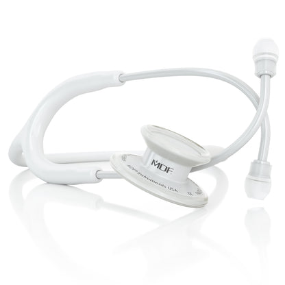 White MD One® adult stethoscope by MDF Instruments with white tubing and chest piece, designed for medical professionals.