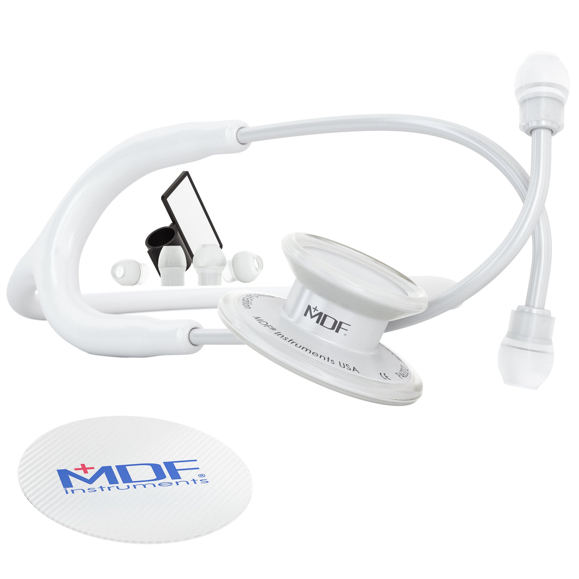 White MD One® adult stethoscope by MDF Instruments with white tubing and chest piece, shown on a plain background.