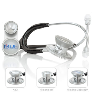 Black MD One® Epoch® titanium adult and pediatric stethoscope by MDF Instruments, featuring dual head and ergonomic design.