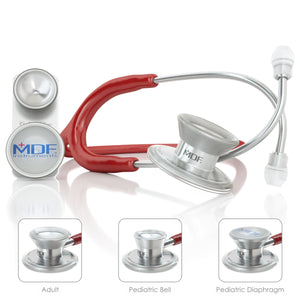 MDF Instruments MD One Epoch Titanium adult and pediatric stethoscope in burgundy with stainless steel chest piece and flexible tubing.