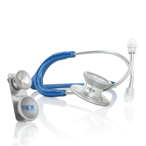 Royal blue MDF Instruments MD One® Epoch® titanium stethoscope with dual-head chest piece for adult and pediatric use.