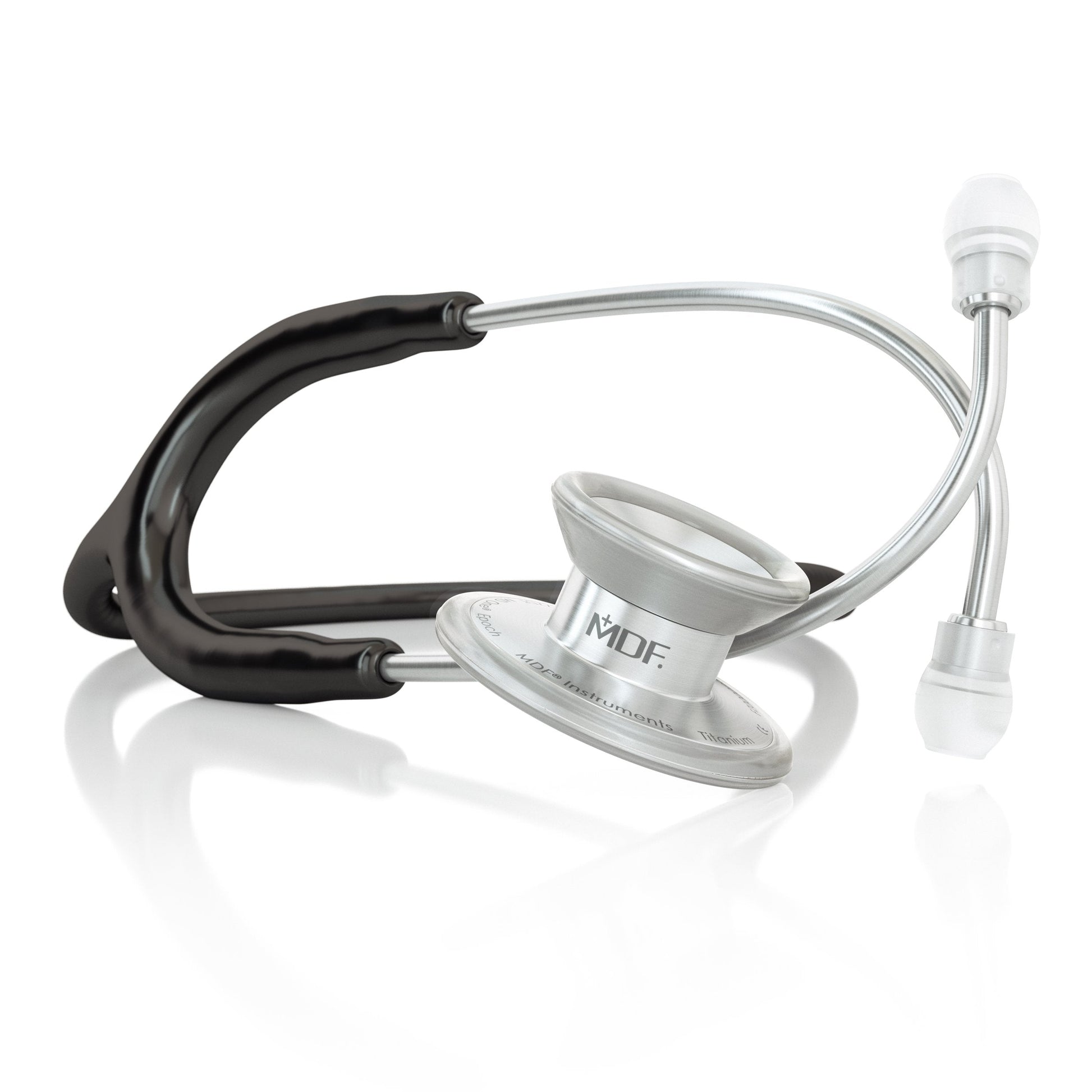 Black MD One® Epoch® Titanium adult stethoscope with dual head chest piece and flexible tubing by MDF Instruments.