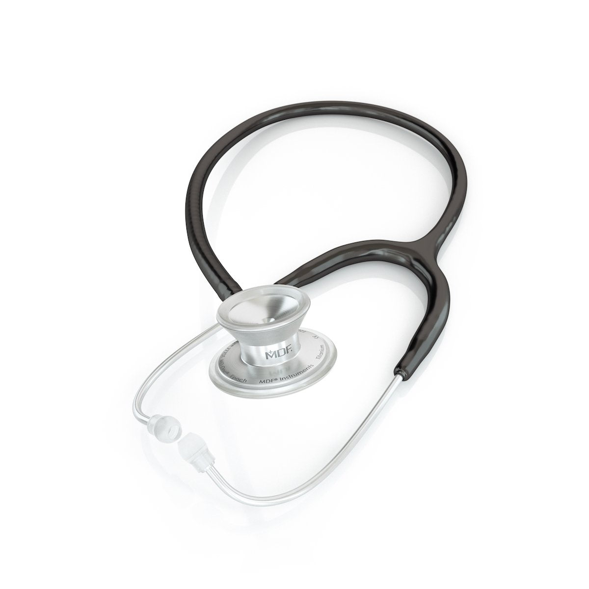 Black MD One® Epoch® Titanium adult stethoscope with dual head chest piece and flexible tubing, designed for medical professionals.