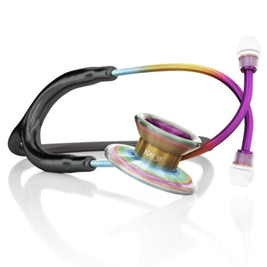 Black and kaleidoscope MD One® Epoch® titanium adult stethoscope by MDF Instruments with flexible tubing and dual-head chest piece.