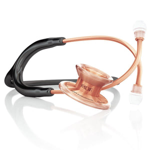 MD One® Epoch® titanium adult stethoscope with black tubing and rose gold accents, featuring dual head chest piece by MDF Instruments.