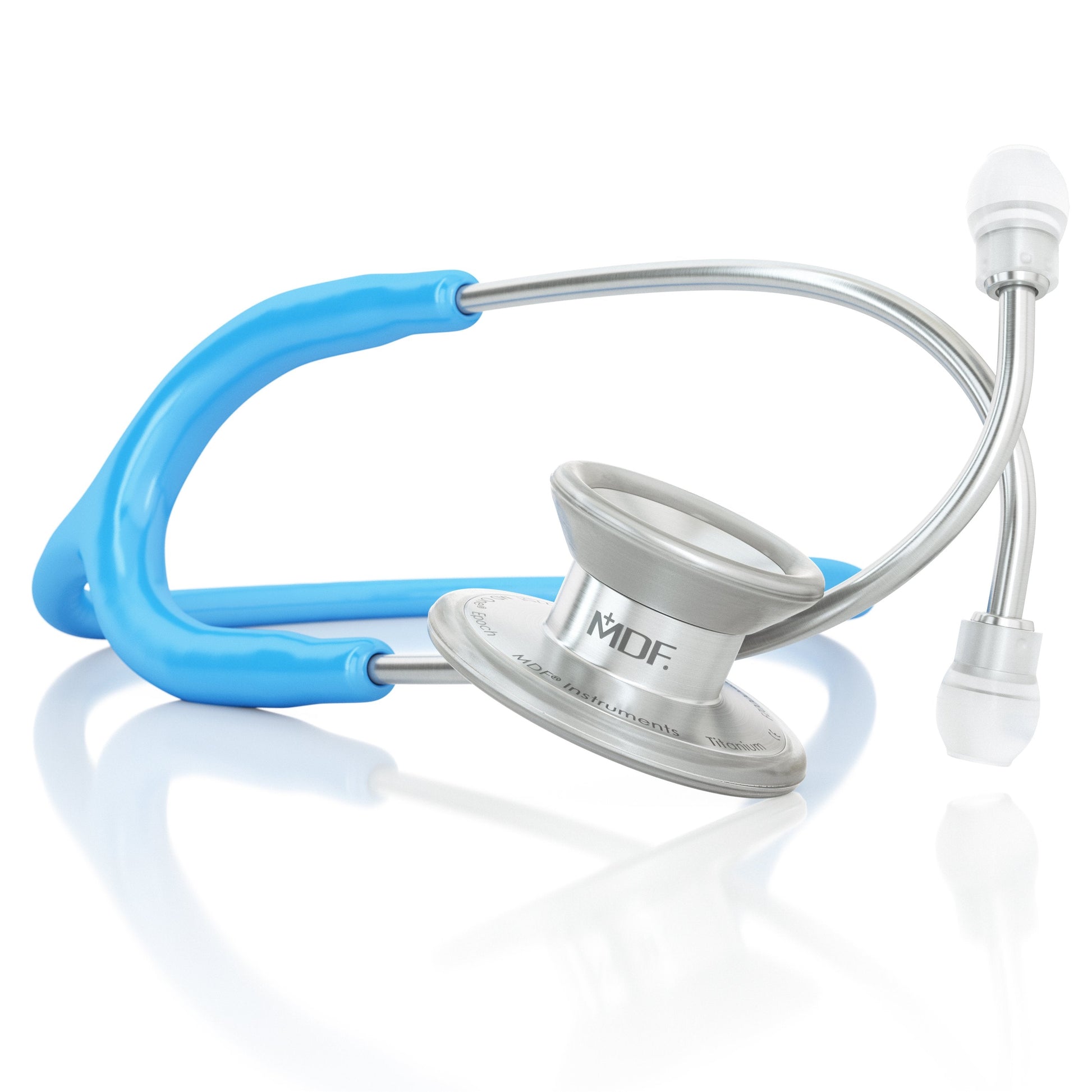 Bright blue MD One Epoch Titanium adult stethoscope by MDF Instruments with dual head chest piece and adjustable tubing.
