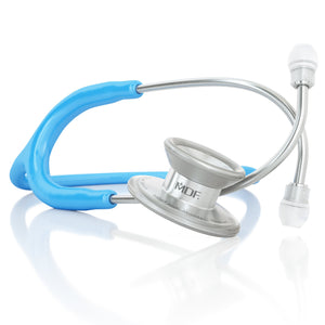 Bright blue MD One Epoch Titanium adult stethoscope by MDF Instruments with dual head chest piece and adjustable tubing.