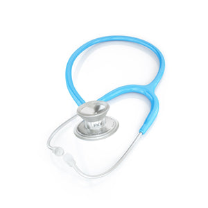 Bright blue MD One Epoch Titanium adult stethoscope by MDF Instruments with flexible tubing and dual-lumen design.