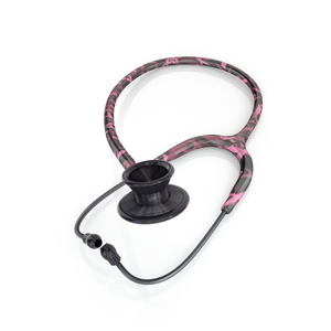 MD One® Epoch® Titanium adult stethoscope in Fighter Girl and Blackout colors, featuring dual-head chestpiece and adjustable tubing.