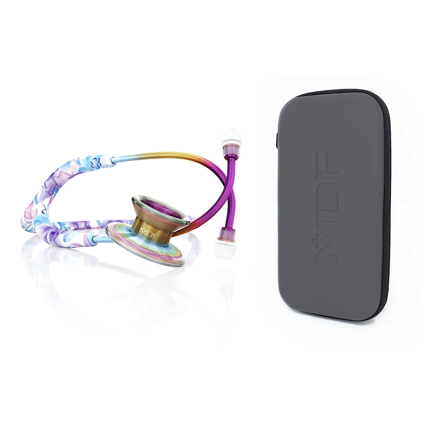 MD One Epoch Titanium adult stethoscope by MDF Instruments with Monet/Kaleidoscope design and protective case.