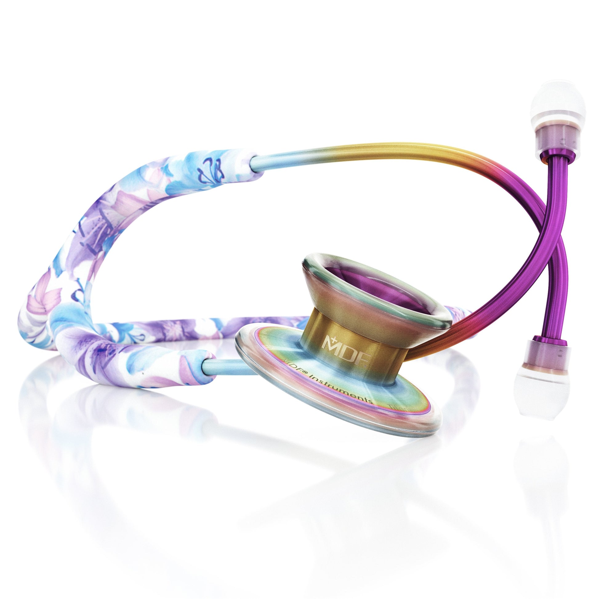 MD One® Epoch® Titanium adult stethoscope with Monet/Kaleidoscope tubing and carrying case, showcasing its sleek design and high-quality construction.
