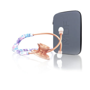 MD One® Epoch® Titanium adult stethoscope in Monet and Rose Gold with travel case, featuring dual-head chest piece and adjustable tubing.
