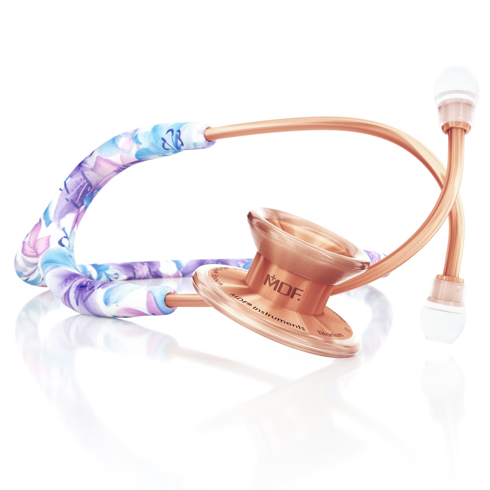 MD One® Epoch® titanium adult stethoscope in Monet and rose gold with a travel case, featuring dual head design and adjustable headset.