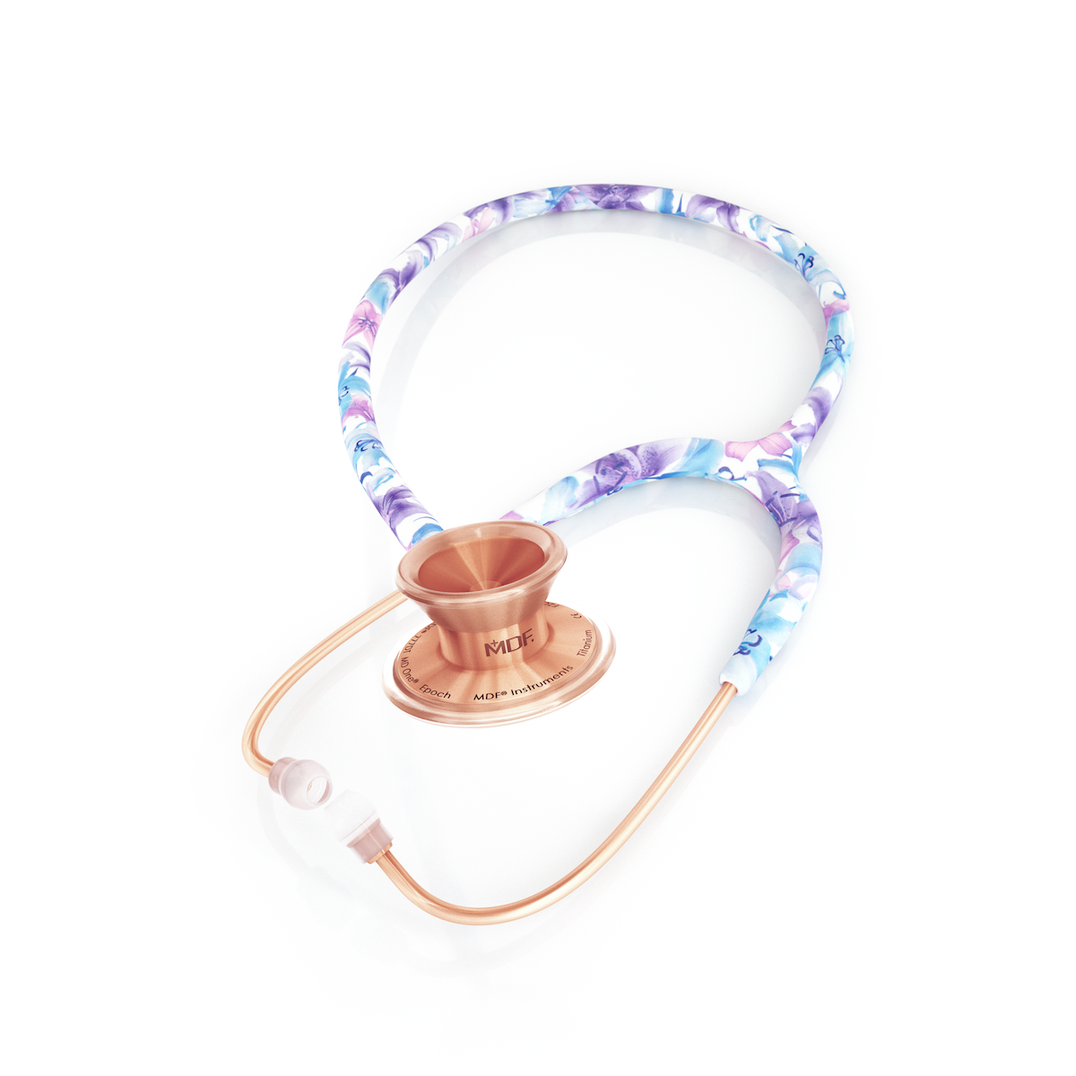 MD One® Epoch® titanium adult stethoscope in Monet and Rose Gold colors with a travel case, by MDF Instruments.