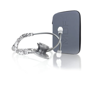 MD One® Epoch® Titanium adult stethoscope in Moulin Blanc and Metalika with travel case, featuring flexible tubing and dual-sided chest piece.