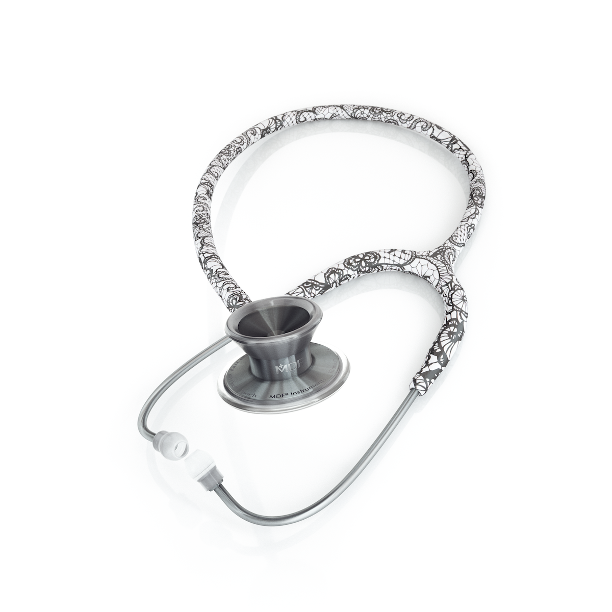 MDF Instruments MD One Epoch Titanium adult stethoscope in Moulin Blanc and Metalika with travel case, showing the chest piece and tubing.