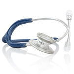 MD One Epoch Titanium adult stethoscope by MDF Instruments in navy blue with flexible tubing and dual head chest piece.