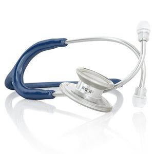 MD One Epoch Titanium adult stethoscope by MDF Instruments in navy blue with flexible tubing and dual head chest piece.