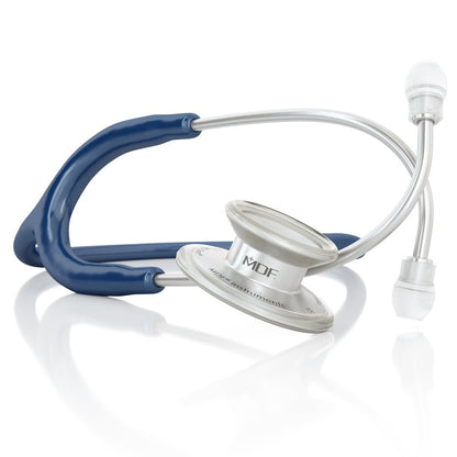 MD One Epoch Titanium adult stethoscope by MDF Instruments in navy blue with flexible tubing and dual head chest piece.