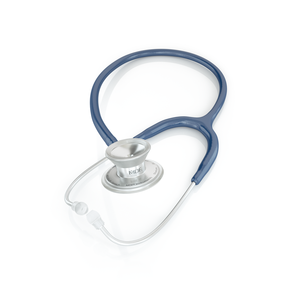 Navy blue MD One Epoch titanium adult stethoscope with flexible tubing and dual head chest piece, manufactured by MDF Instruments.