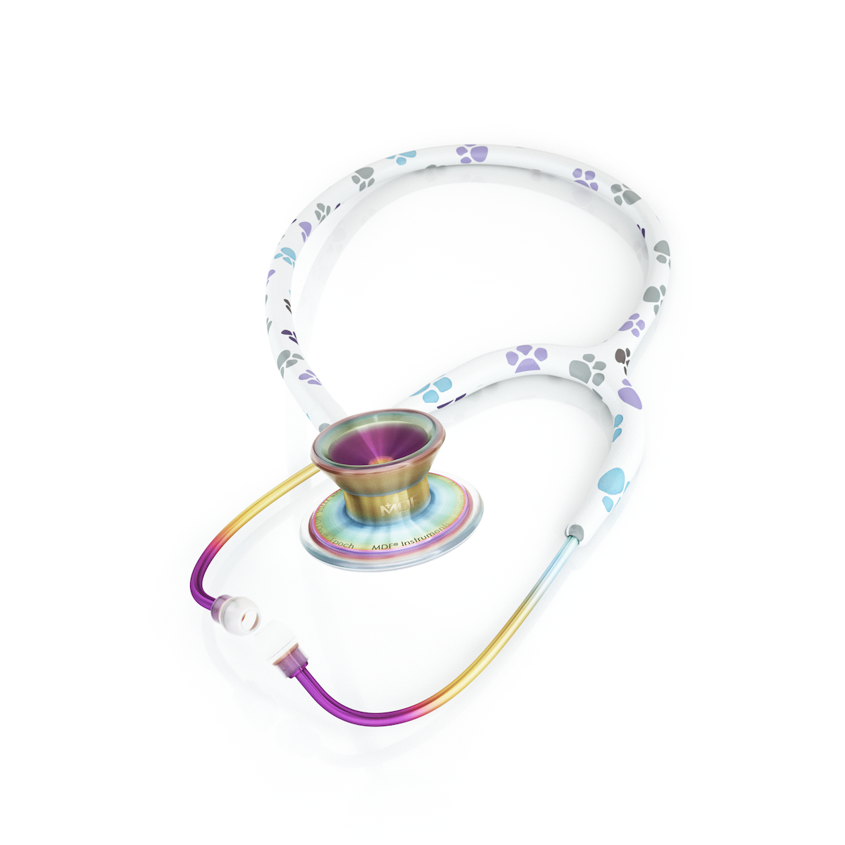 Titanium MD One Epoch adult stethoscope with paws design and travel case, made by MDF Instruments, shown with eartips and tubing.
