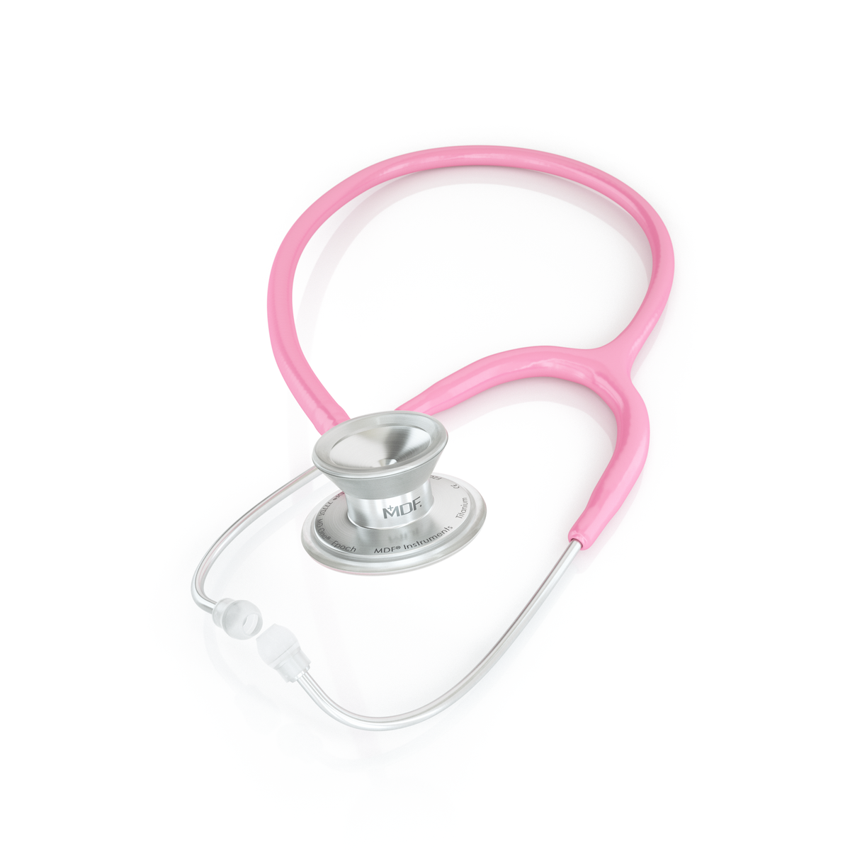 Pink MD One® Epoch® Titanium adult stethoscope by MDF Instruments, showing the sleek, lightweight design with dual-head chest piece.