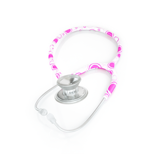 Pink MD One® Epoch® Titanium adult stethoscope by MDF Instruments with pink tubing and metal chest piece, designed for medical professionals.
